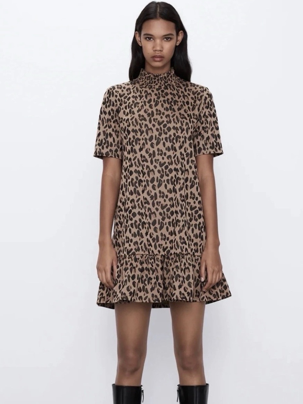 Zara Leopard Print Smocked High Neck Ruffle Mini Dress - Size M (EUC)